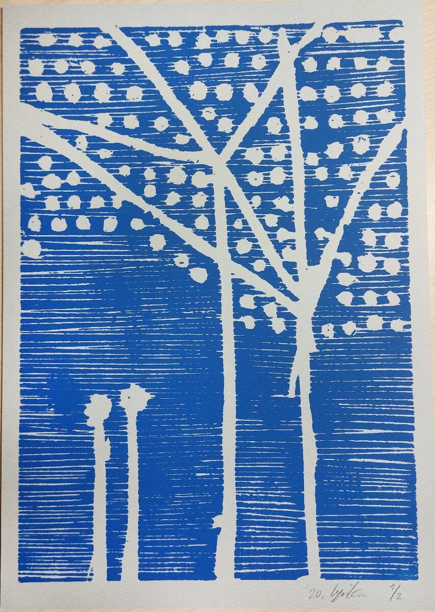  Winterbaum blau (auf graupapier)