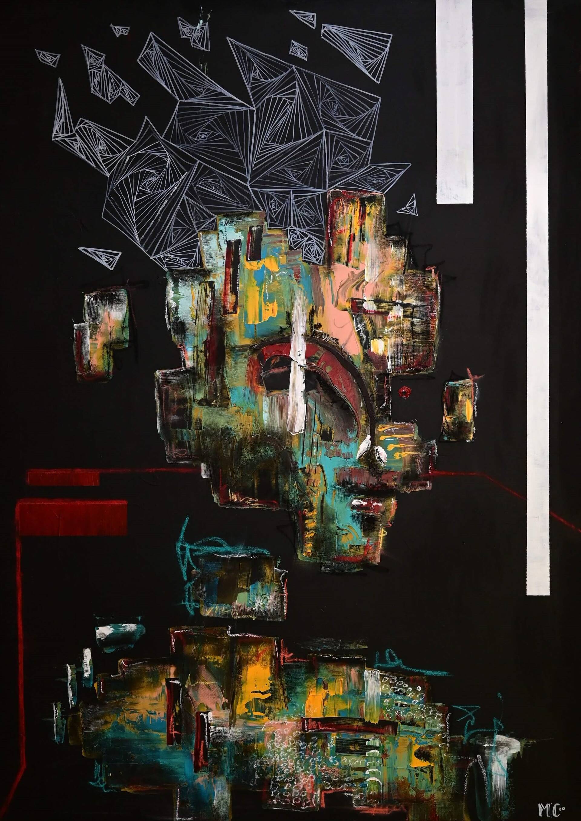 portrait in front of black with a geometric head - Martin Collmann 1